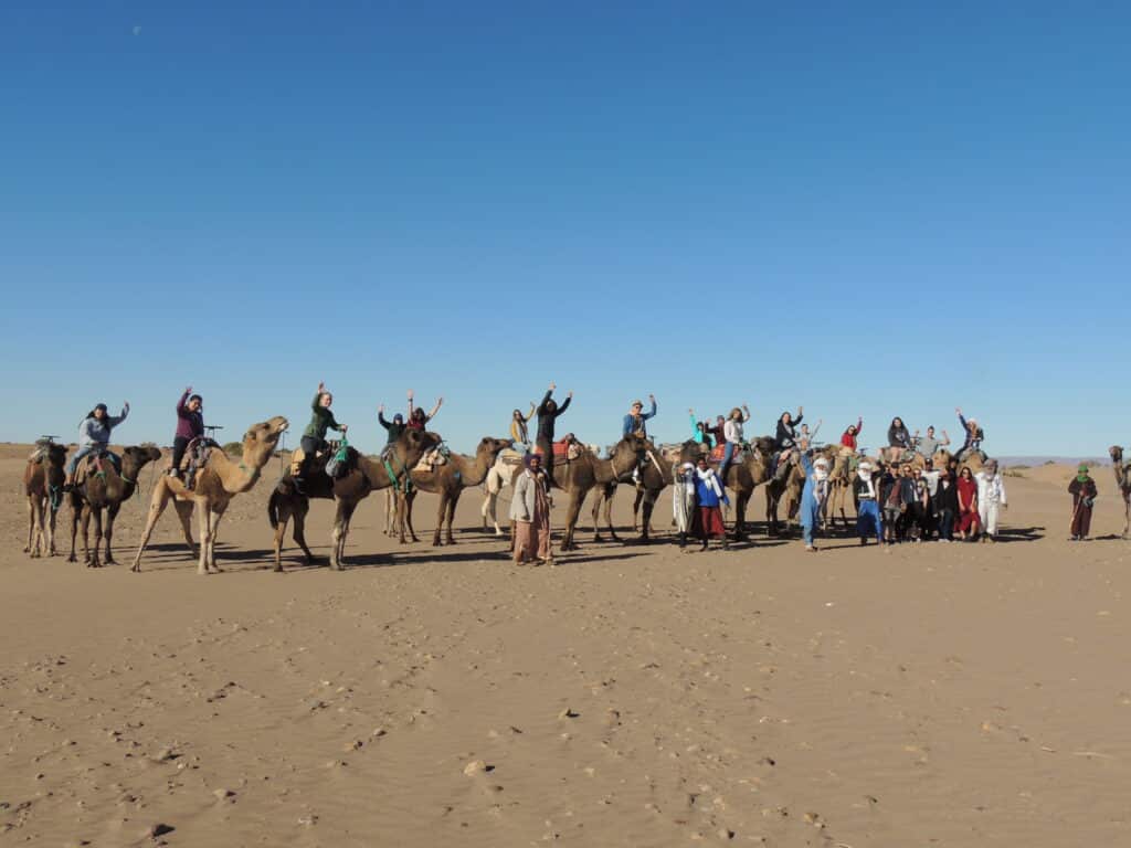 Groupe de touristes en excursion chameau dans le désert de l'Erg Chigaga