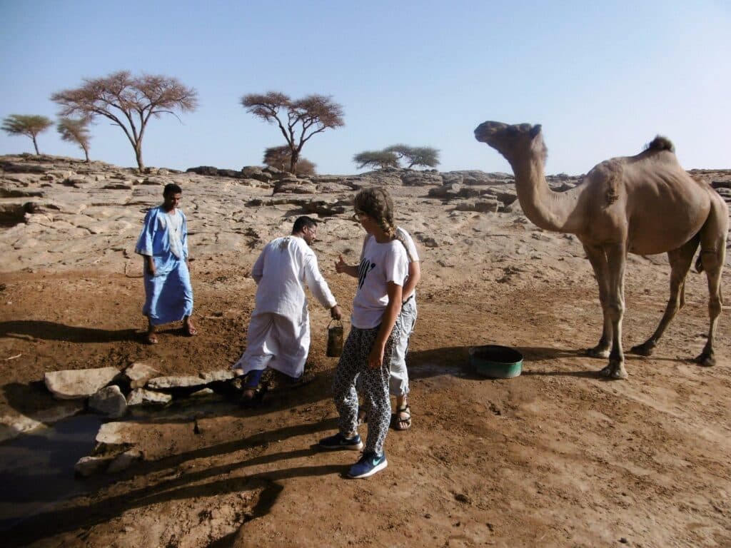 Groupe de voyageurs et guides près d'un puits d'oasis avec un chameau